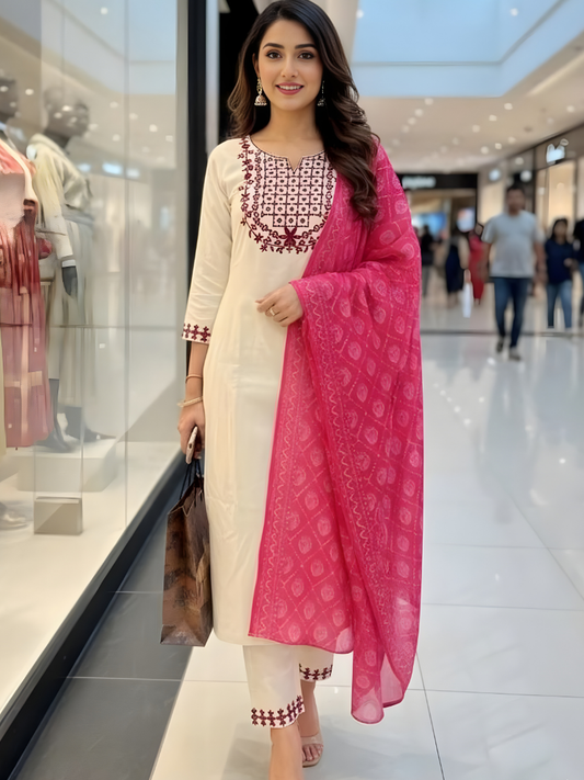 Women Cream Rayon Kurta Set with Pink Dupatta | 3PCS Ethnic Suit