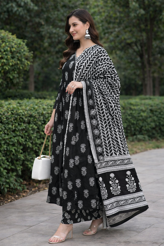 Women Black Printed Kurta Pant Dupatta Set | Rayon Slub 3 Piece Ethnic Kurti Set | Sivra Fashion