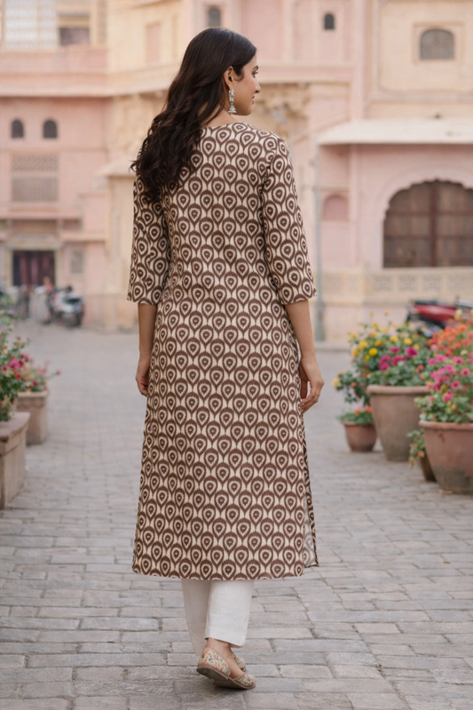 Women Brown Printed Rayon Long Kurti | Stylish Straight Ethnic Kurta for Women | Casual & Office Wear Kurti with 3/4 Sleeves