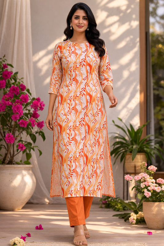Women Printed Rayon Slub Long Kurti | Floral Casual Ethnic Kurta for Women | Stylish Straight Kurti with 3/4 Sleeves | Daily Wear Kurti