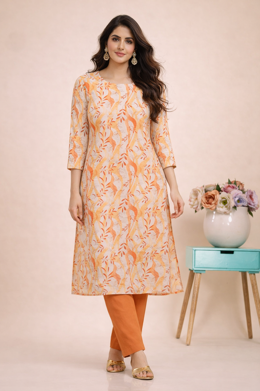 Women Printed Rayon Slub Long Kurti | Floral Casual Ethnic Kurta for Women | Stylish Straight Kurti with 3/4 Sleeves | Daily Wear Kurti