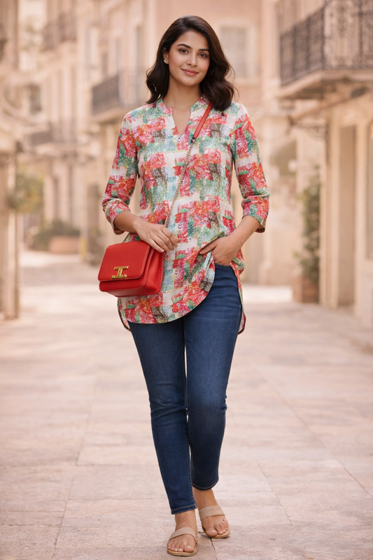 Women Printed Rayon Slub Top | Floral Casual Tunic Top for Women | Stylish High Low Summer Top | Three Quarter Sleeve Girls Top