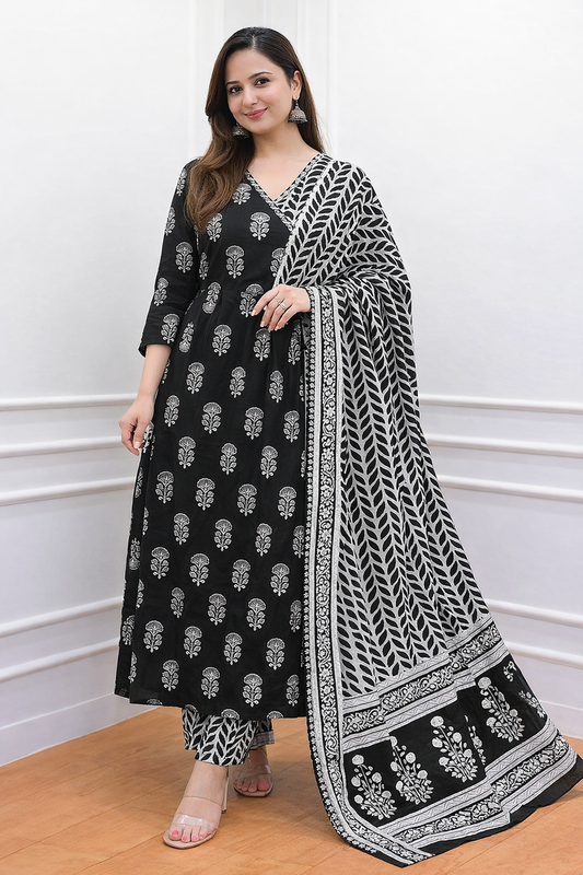 Women Black Printed Kurta Pant Dupatta Set | Rayon Slub 3 Piece Ethnic Kurti Set | Sivra Fashion