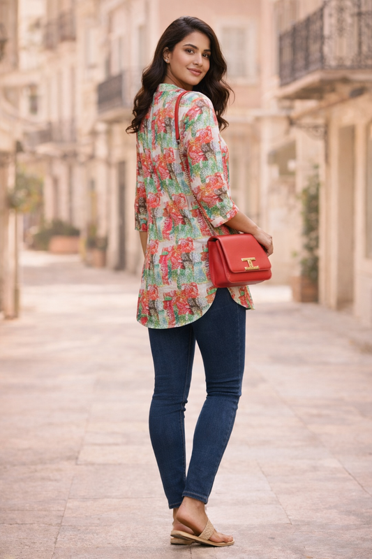 Women Printed Rayon Slub Top | Floral Casual Tunic Top for Women | Stylish High Low Summer Top | Three Quarter Sleeve Girls Top