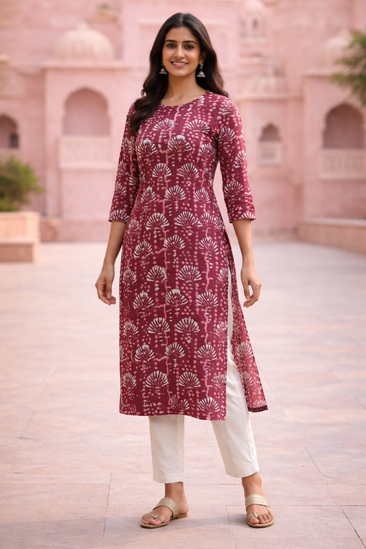 Women Maroon Printed Rayon Long Kurti | Stylish Straight Ethnic Kurta for Women | Casual Office Wear Kurti with 3/4 Sleeves